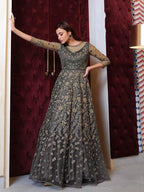 Myra Grey Net Embroidery Gown | Grab2Buy