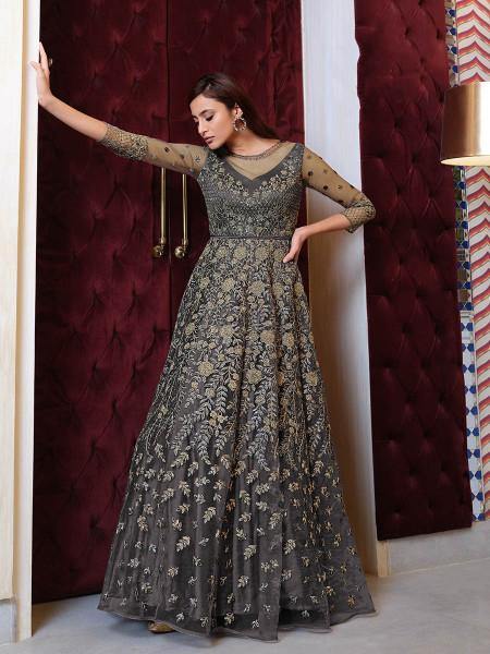 Myra Grey Net Embroidery Gown | Grab2Buy