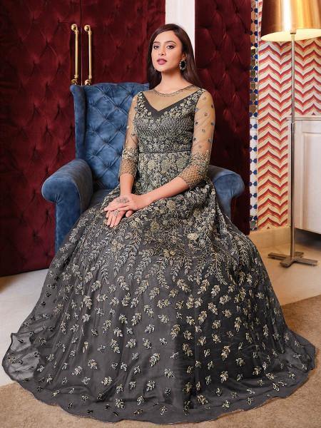 Myra Grey Net Embroidery Gown | Grab2Buy