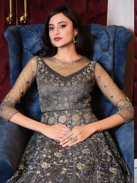 Myra Grey Net Embroidery Gown | Grab2Buy