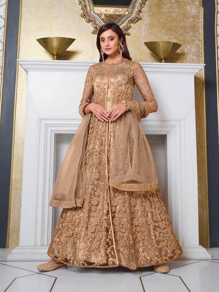 Myra Beige Net Embroidery Gown | Grab2Buy