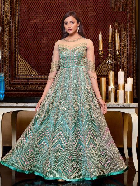 Myra Mint Blue Net Embroidery Gown | Grab2Buy