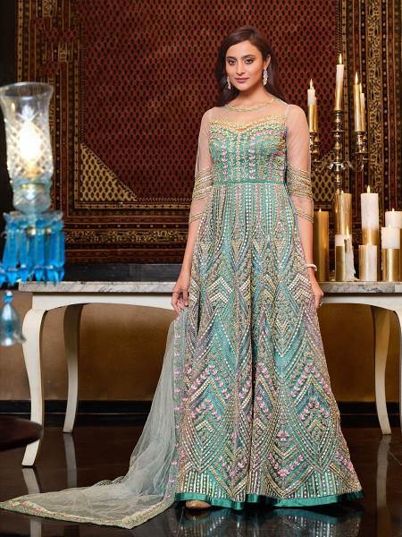 Myra Mint Blue Net Embroidery Gown | Grab2Buy