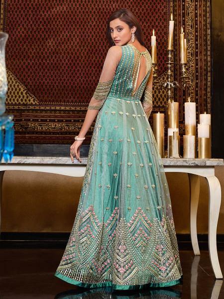 Myra Mint Blue Net Embroidery Gown | Grab2Buy