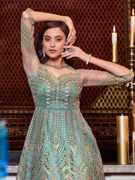 Myra Mint Blue Net Embroidery Gown | Grab2Buy