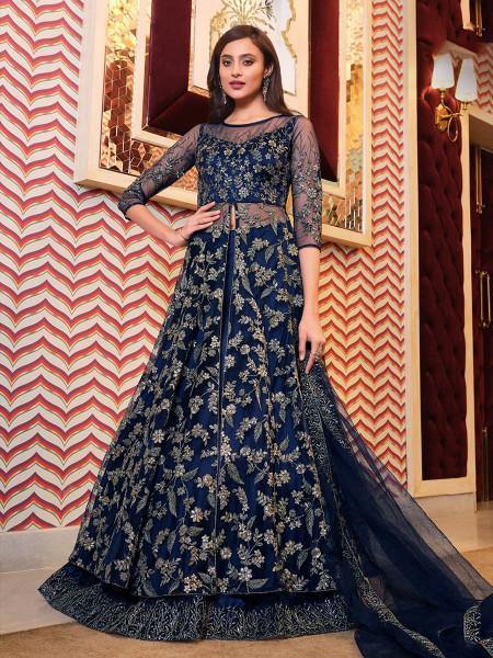 Myra Navy Blue Net Embroidery Gown | Grab2Buy