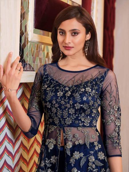 Myra Navy Blue Net Embroidery Gown | Grab2Buy