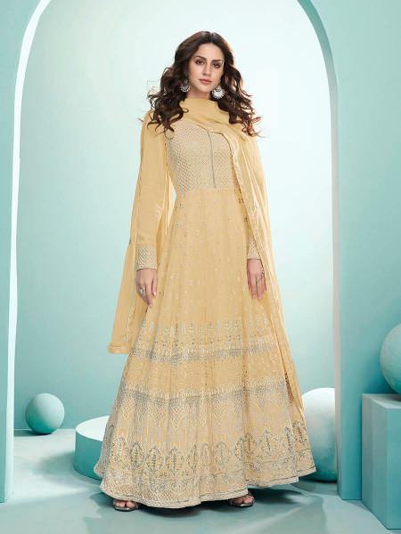 Myra Dusty Yellow Georgette Embroidered Anarkali Suit | Grab2Buy