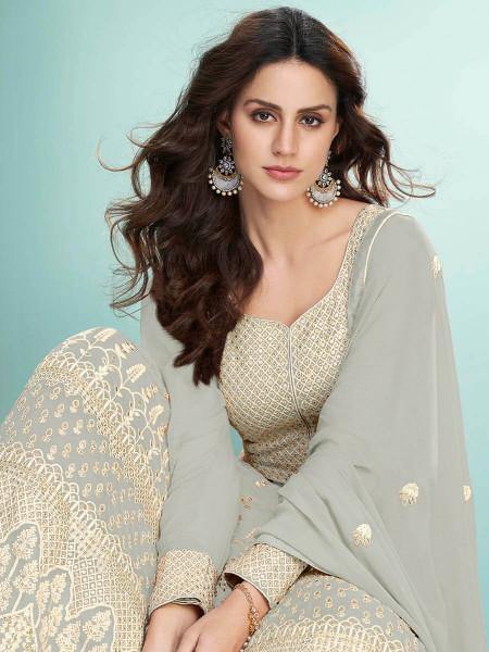 Myra Dusty Grey Georgette Embroidered Anarkali Suit | Grab2Buy