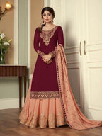 Myra Wine and Peach Georgette Embroidered Gharara Suit | Grab2Buy