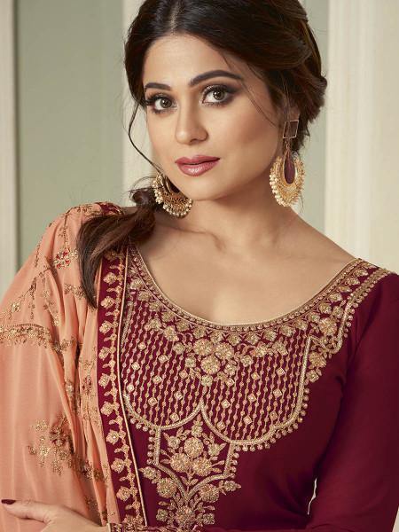 Myra Wine and Peach Georgette Embroidered Gharara Suit | Grab2Buy