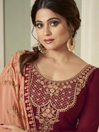 Myra Wine and Peach Georgette Embroidered Gharara Suit | Grab2Buy