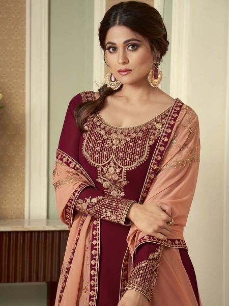 Myra Wine and Peach Georgette Embroidered Gharara Suit | Grab2Buy