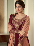 Myra Wine and Peach Georgette Embroidered Gharara Suit | Grab2Buy