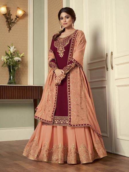 Myra Wine and Peach Georgette Embroidered Gharara Suit | Grab2Buy