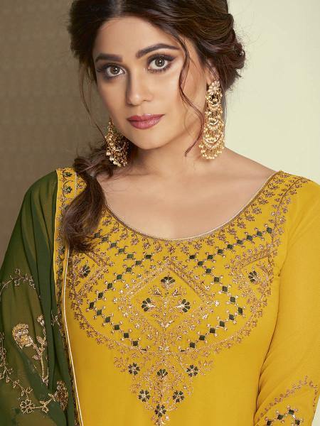 Myra Yellow and Green Georgette Embroidered Gharara Suit | Grab2Buy