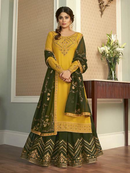 Myra Yellow and Green Georgette Embroidered Gharara Suit | Grab2Buy