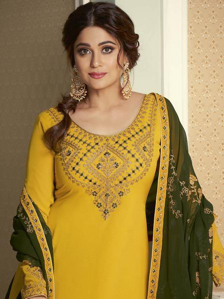 Myra Yellow and Green Georgette Embroidered Gharara Suit | Grab2Buy