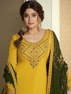 Myra Yellow and Green Georgette Embroidered Gharara Suit | Grab2Buy