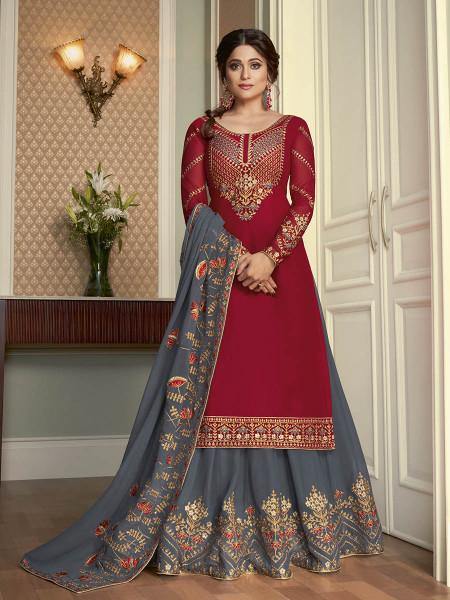 Myra Maroon and Grey Georgette Embroidered Gharara Suit | Grab2Buy