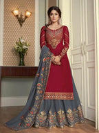Myra Maroon and Grey Georgette Embroidered Gharara Suit | Grab2Buy