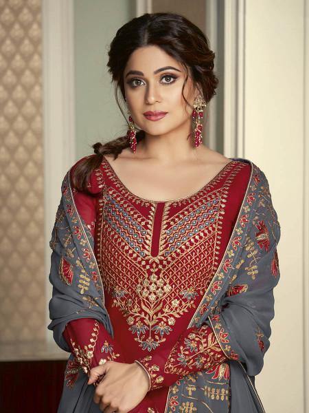 Myra Maroon and Grey Georgette Embroidered Gharara Suit | Grab2Buy