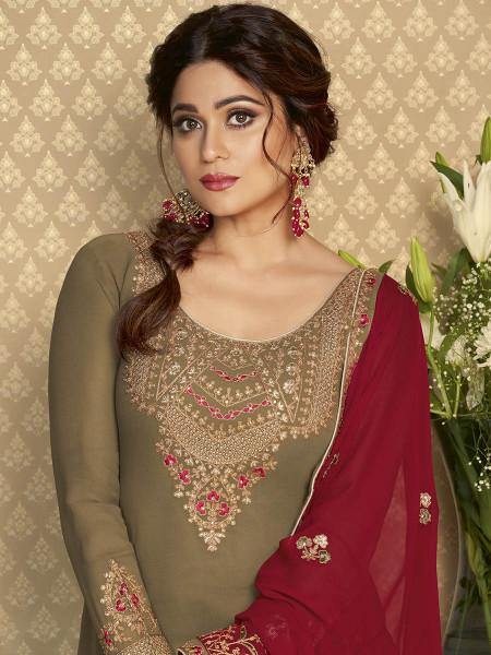 Myra Brown and Maroon Georgette Embroidered Gharara Suit | Grab2Buy