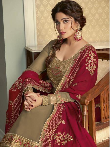 Myra Brown and Maroon Georgette Embroidered Gharara Suit | Grab2Buy