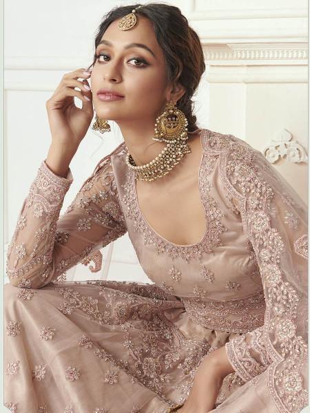 Myra Dusty Pink Heavy Embroidered Net Bridal Lehenga | Grab2Buy