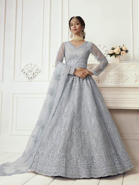 Myra Dusty Sea Blue Heavy Embroidered Net Bridal Lehenga | Grab2Buy
