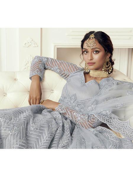 Myra Dusty Sea Blue Heavy Embroidered Net Bridal Lehenga | Grab2Buy