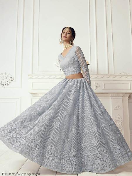Myra Dusty Sea Blue Heavy Embroidered Net Bridal Lehenga | Grab2Buy