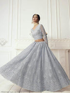 Myra Dusty Sea Blue Heavy Embroidered Net Bridal Lehenga | Grab2Buy