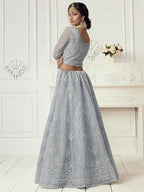 Myra Dusty Sea Blue Heavy Embroidered Net Bridal Lehenga | Grab2Buy