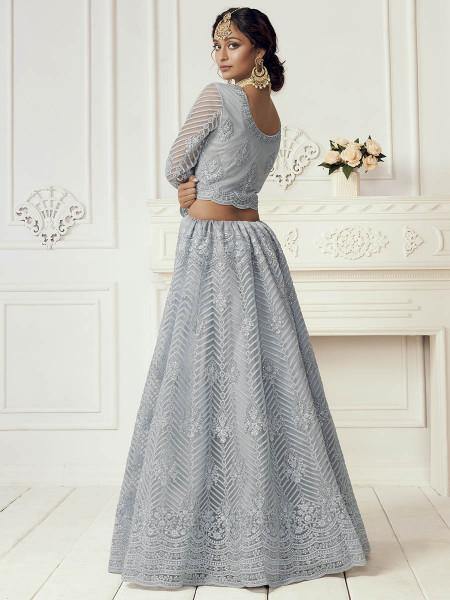 Myra Dusty Sea Blue Heavy Embroidered Net Bridal Lehenga | Grab2Buy