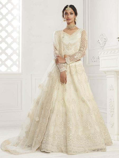 Myra Beautiful Fashion Off White Heavy Embroidered Net Bridal Lehenga | Grab2Buy