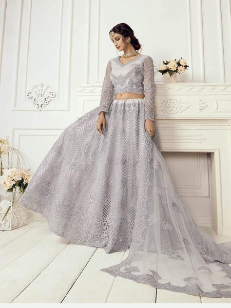 Myra Grey Heavy Embroidered Net Bridal Lehenga | Grab2Buy