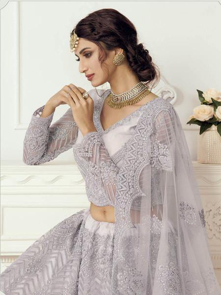Myra Grey Heavy Embroidered Net Bridal Lehenga | Grab2Buy