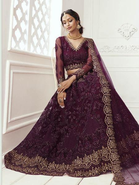 Myra Wine Heavy Embroidered Net Bridal Lehenga | Grab2Buy