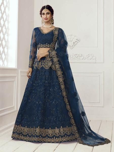 Myra Deep Blue Heavy Embroidered Net Bridal Lehenga | Grab2Buy