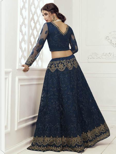 Myra Deep Blue Heavy Embroidered Net Bridal Lehenga | Grab2Buy