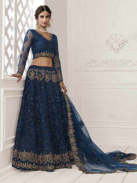 Myra Deep Blue Heavy Embroidered Net Bridal Lehenga | Grab2Buy