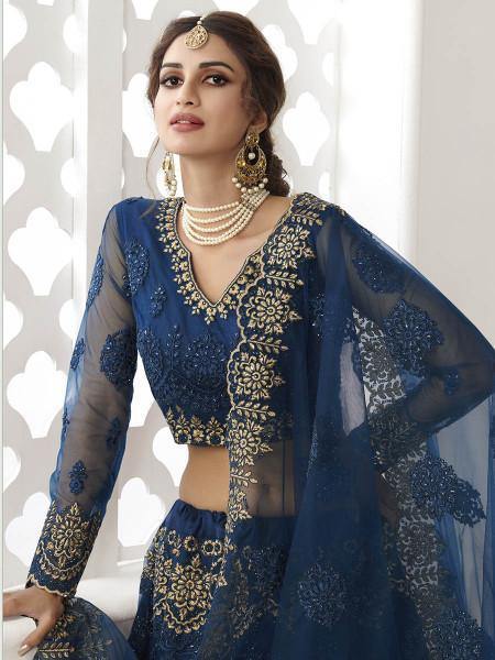 Myra Deep Blue Heavy Embroidered Net Bridal Lehenga | Grab2Buy
