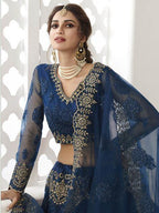 Myra Deep Blue Heavy Embroidered Net Bridal Lehenga | Grab2Buy