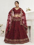Myra Maroon Heavy Embroidered Net Bridal Lehenga | Grab2Buy