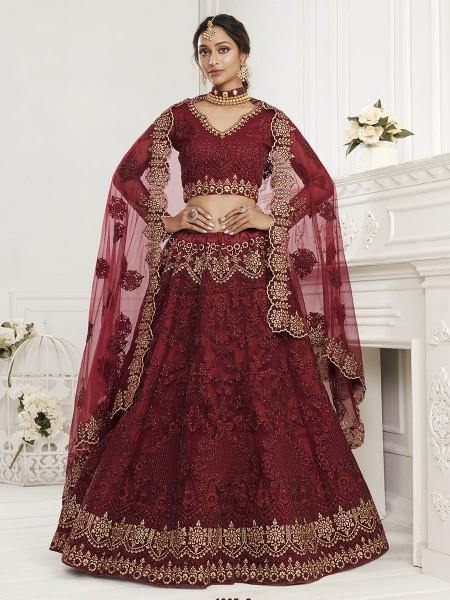Myra Maroon Heavy Embroidered Net Bridal Lehenga | Grab2Buy