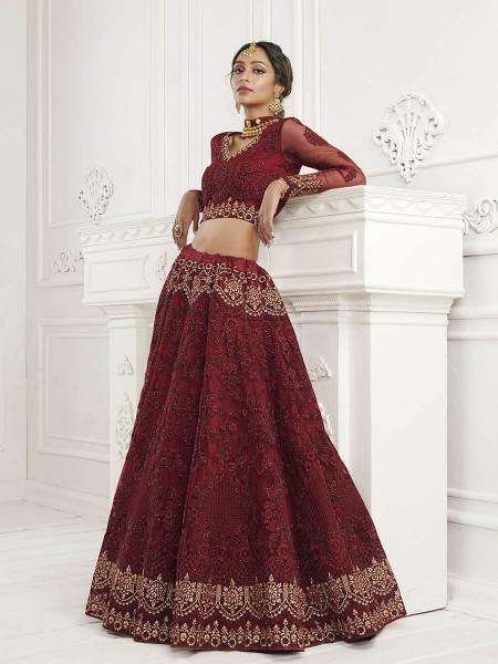 Myra Maroon Heavy Embroidered Net Bridal Lehenga | Grab2Buy