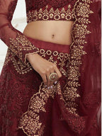 Myra Maroon Heavy Embroidered Net Bridal Lehenga | Grab2Buy