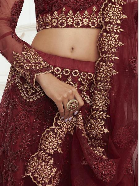 Myra Maroon Heavy Embroidered Net Bridal Lehenga | Grab2Buy