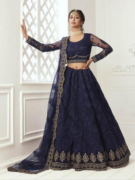 Myra Navy Blue Heavy Embroidered Net Bridal Lehenga | Grab2Buy